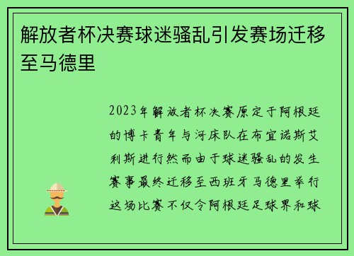 解放者杯决赛球迷骚乱引发赛场迁移至马德里